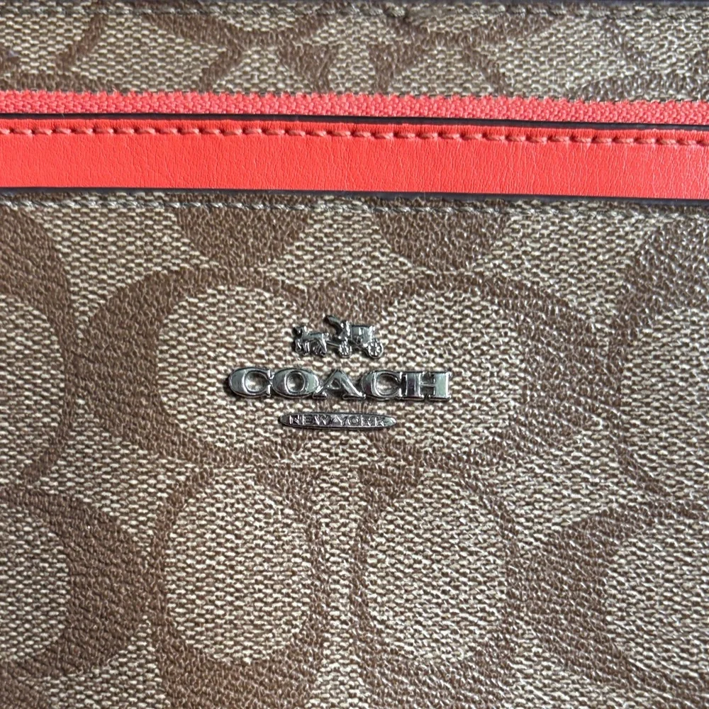 Coach Brown Logo and Coral Crossbody Bag with Removable Pouch and Zipper Top